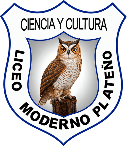 Escudo del colegio Liceo Moderno Plateño: un búho sobre un tronco, con el lema «Ciencia y cultura»