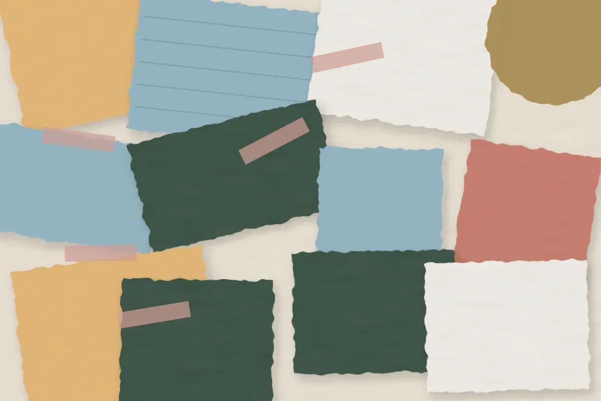 Collage de papeles rasgados de colores, algunos con renglones de cuaderno, unidos con cinta rosada.