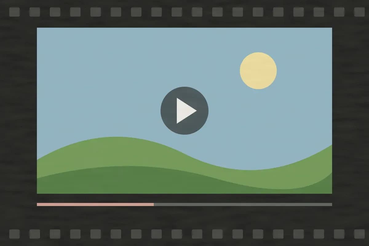 Ilustración de una pantalla de video con colinas verdes, un sol y un botón de reproducir, enmarcada como un rollo de película.