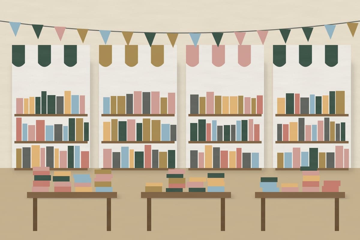 Ilustración de una feria del libro: cuatro casetas con toldos de colores, estantes llenos y mesas con pilas de libros.