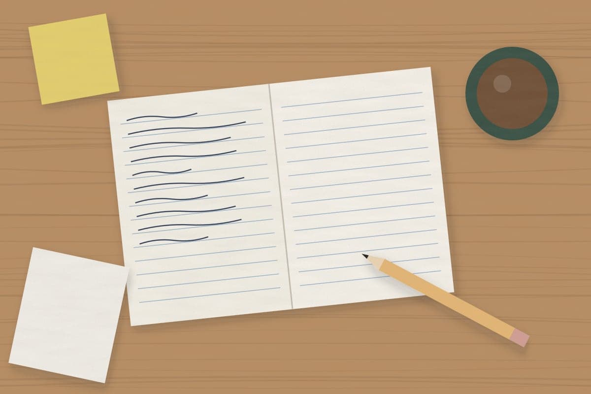 Ilustración de un cuaderno abierto sobre una mesa de madera, con un lápiz, una taza y notas adhesivas.