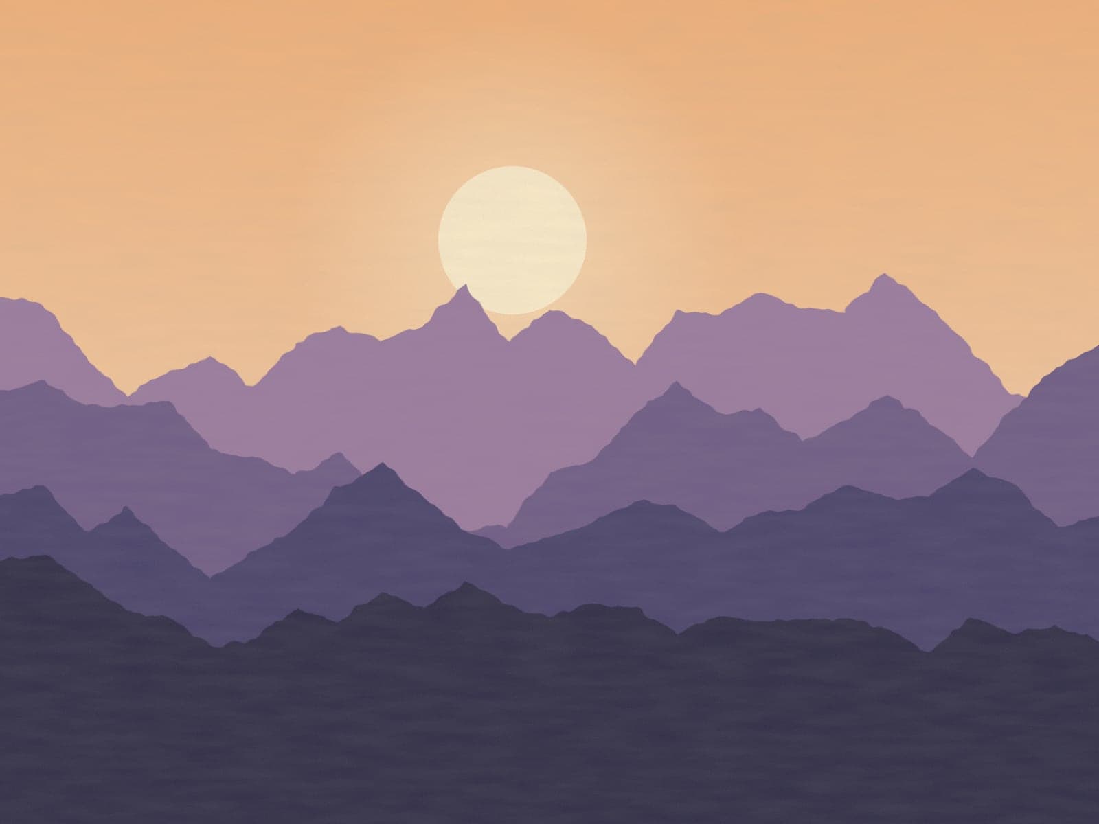 Pintura de una cordillera en capas moradas bajo un cielo naranja, con el sol a punto de esconderse.