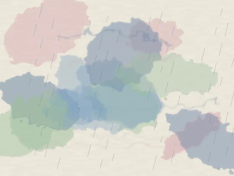 Acuarela abstracta con manchas azules, verdes y rosadas que se mezclan bajo trazos finos de lluvia.