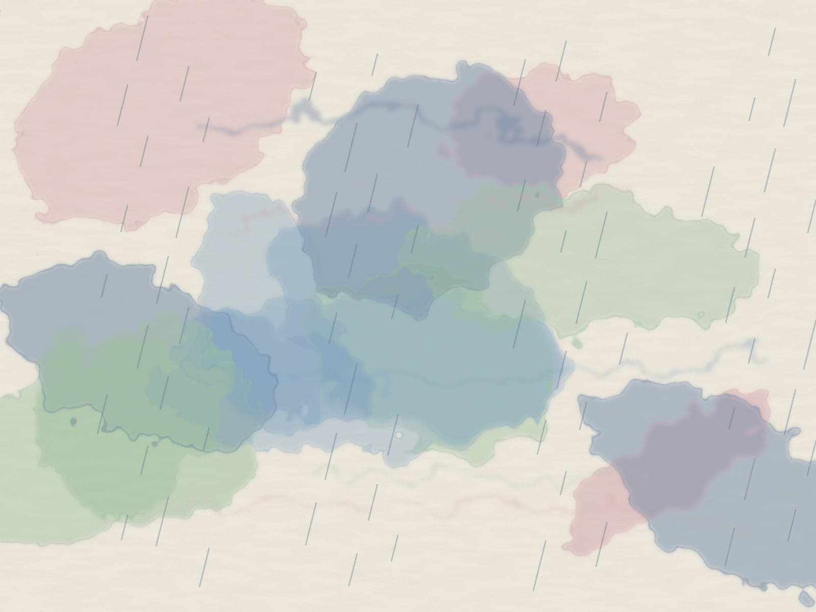 Acuarela abstracta con manchas azules, verdes y rosadas que se mezclan bajo trazos finos de lluvia.