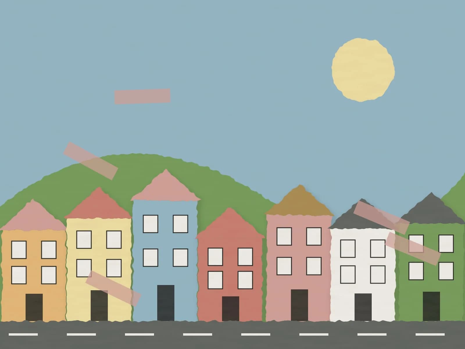 Collage de papeles de colores que forma una calle con siete casas, cerros verdes y un sol amarillo.
