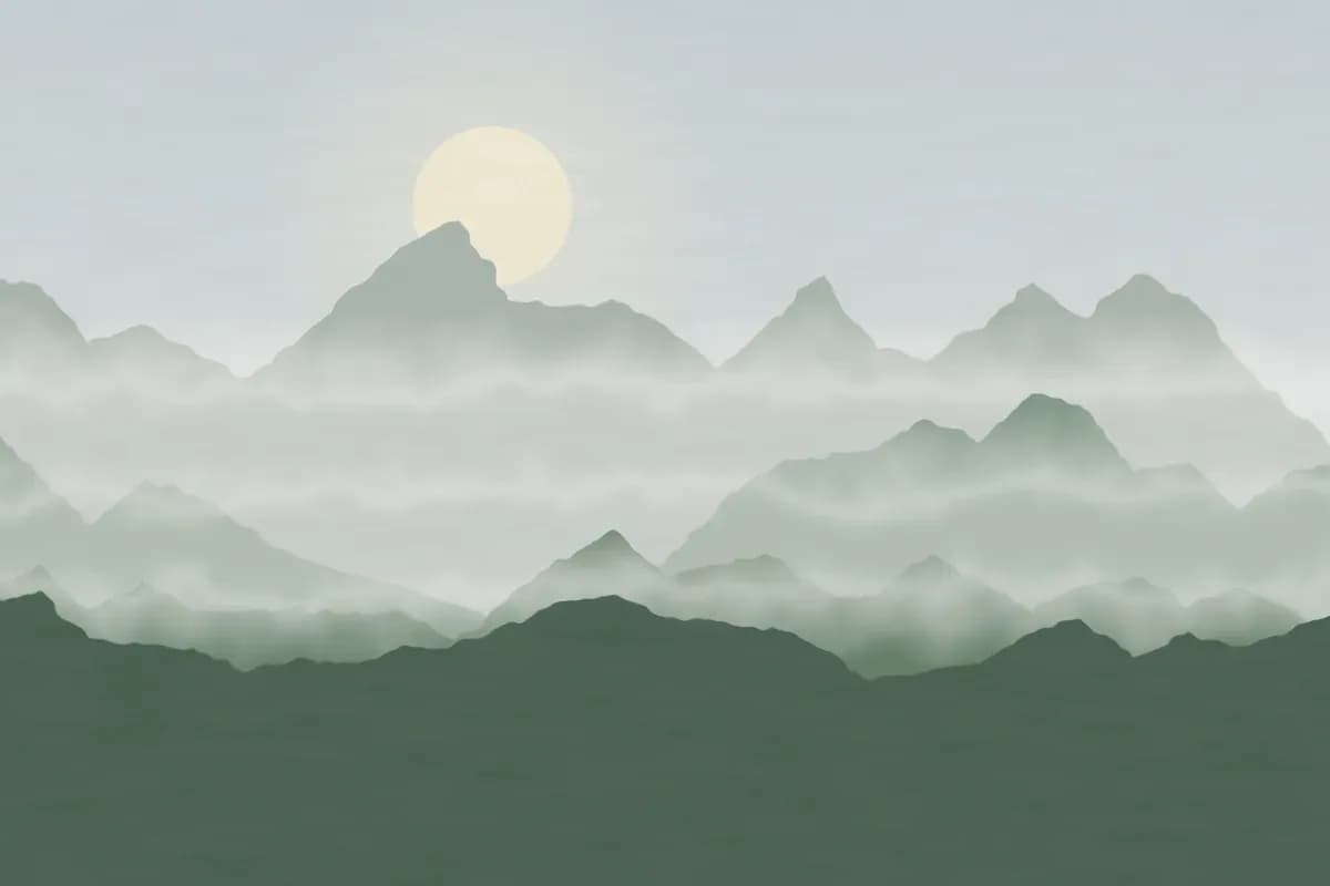 Paisaje de páramo al amanecer: montañas verdes y grises separadas por bandas de neblina blanca.